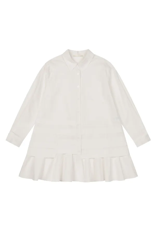 FRILL LAYERED POCKET SHIRT DRESS, WHITE