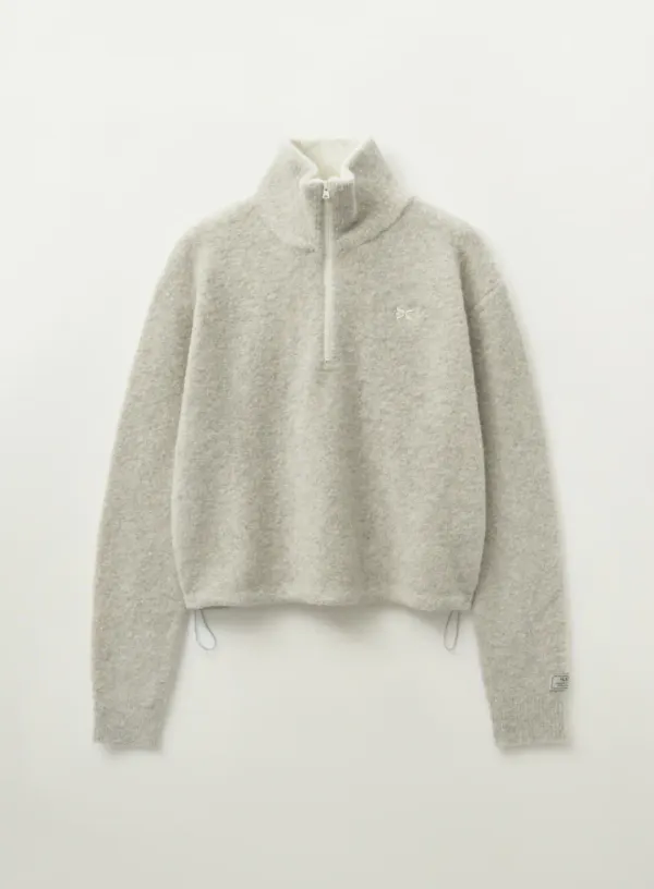 (W) Crop Half Neck Fleece Knit Zip-up - Oatmeal