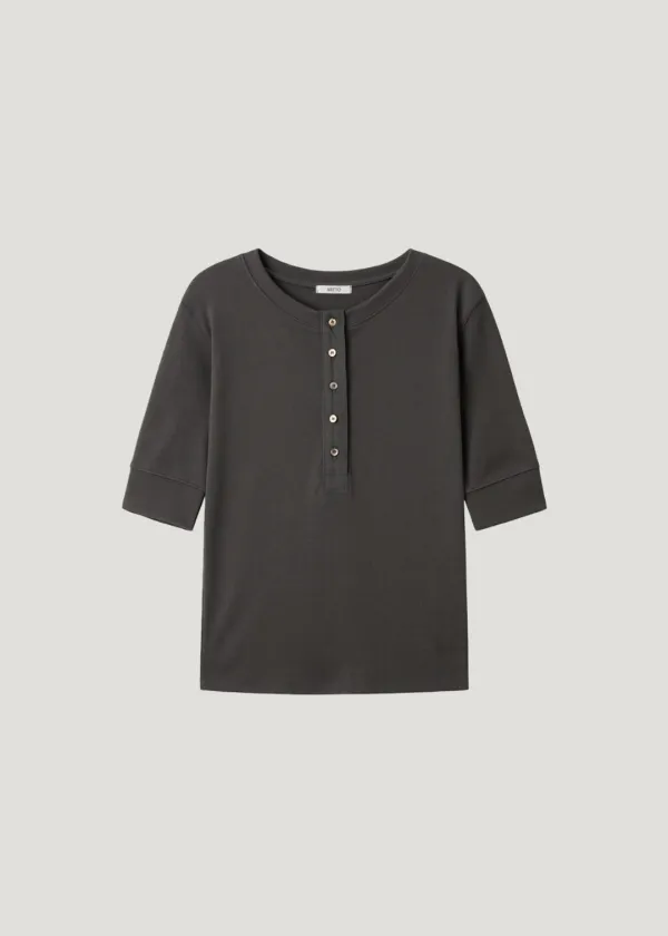 Ribbed Henley-Neck Half Sleeve_Charcoal