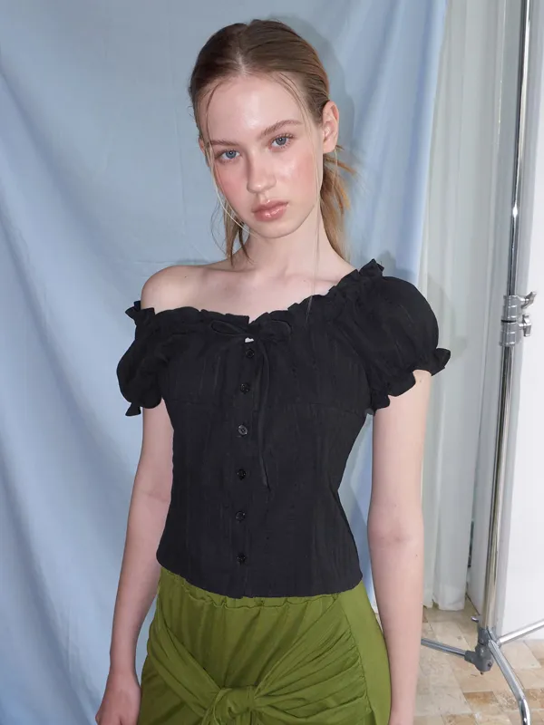 [5/21 예약배송] Frill Neck Strap Blouse, Black
