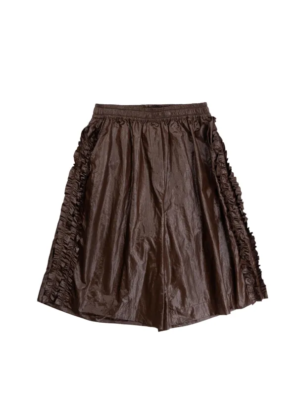 RUFFLE NYLON CULLOTTE PANTS - BROWN