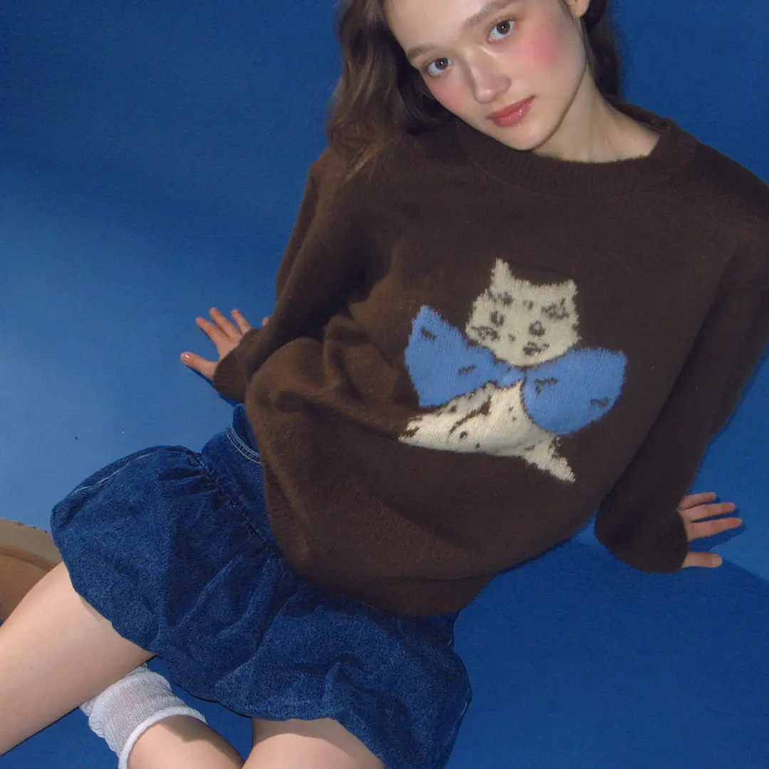 론론 RIBBON CAT MOHAIR PULLOVER KNIT BROWN 상품 이미지 2