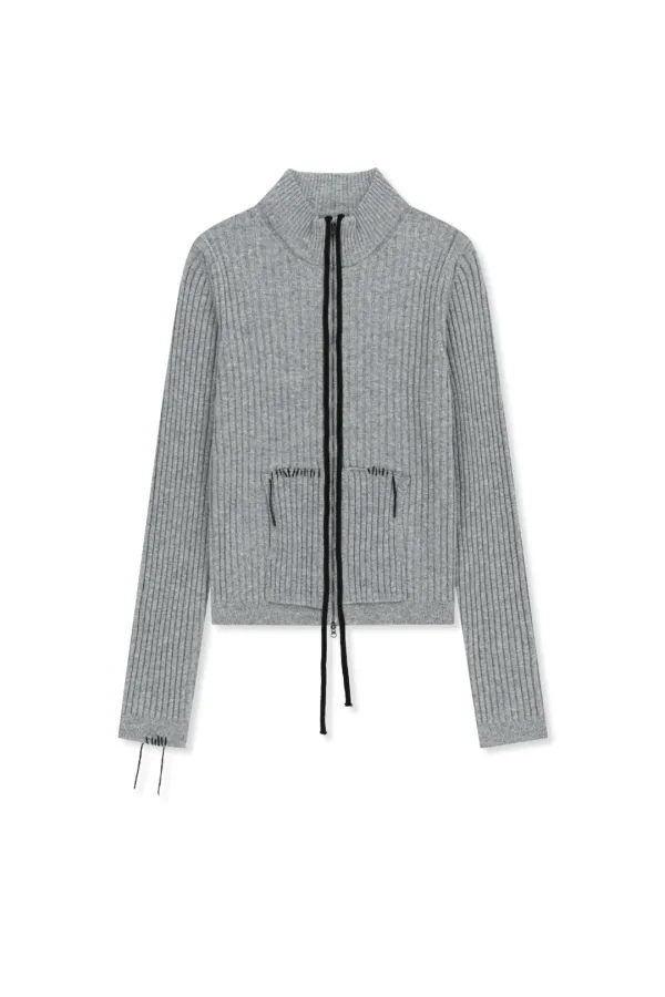 HAND STITCH SLIM FIT KNIT ZIP UP IN GREY