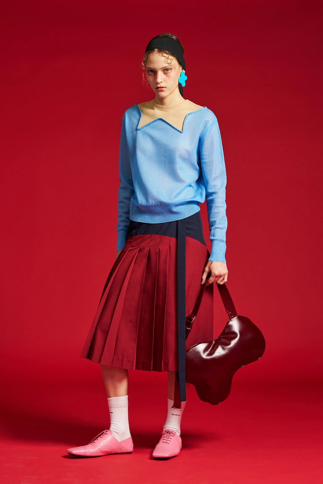 푸쉬버튼 SS26 RED COLORBLOCK PLEATED WRAP SKIRT 상품 이미지 2