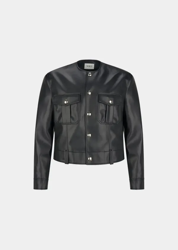 W PURE COLLAR FAUX LEATHER JACKET - BLACK