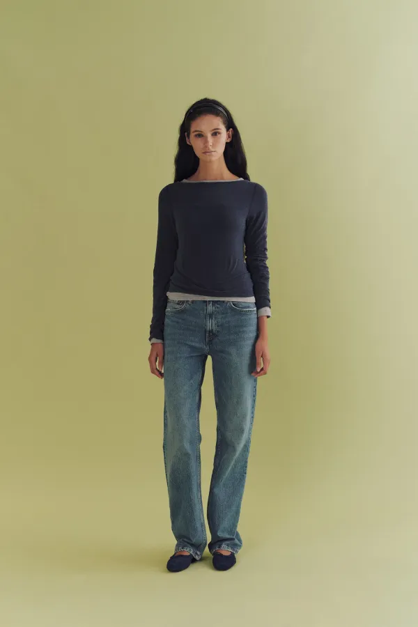 Flat stitch tencel tee (navy)