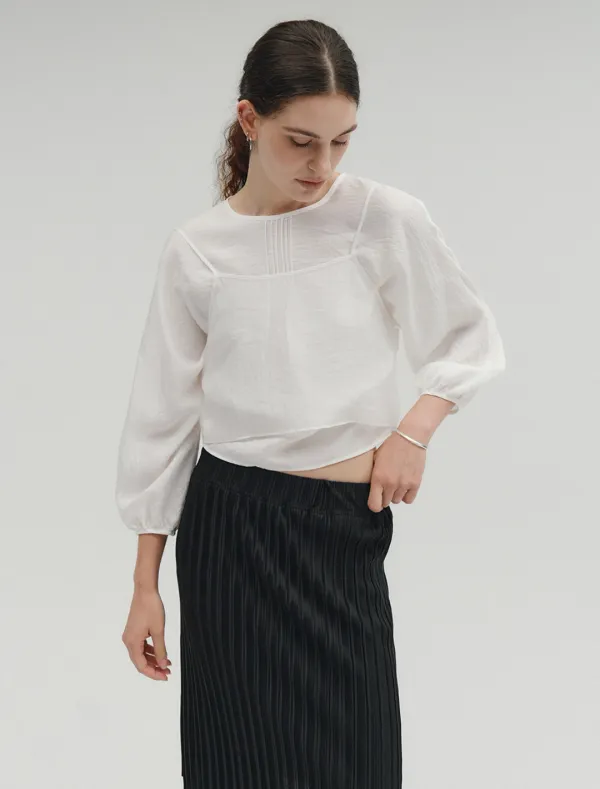 SHEER BALLOON SLEEVE BLOUSE & CAMISOLE SET [WHITE]