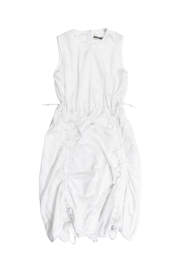MESH SHIRRING STOPPER DRESS - WHITE