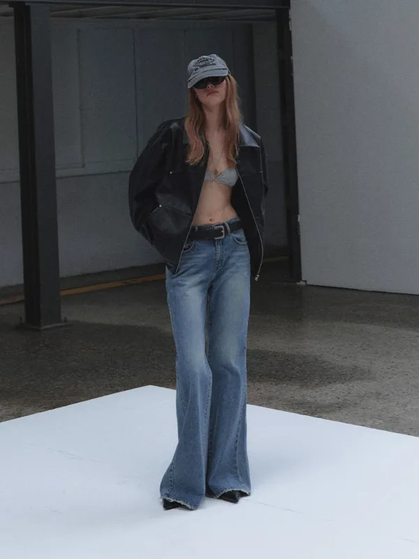 BAY DAMAGED FLARED JEANS_MID BLUE