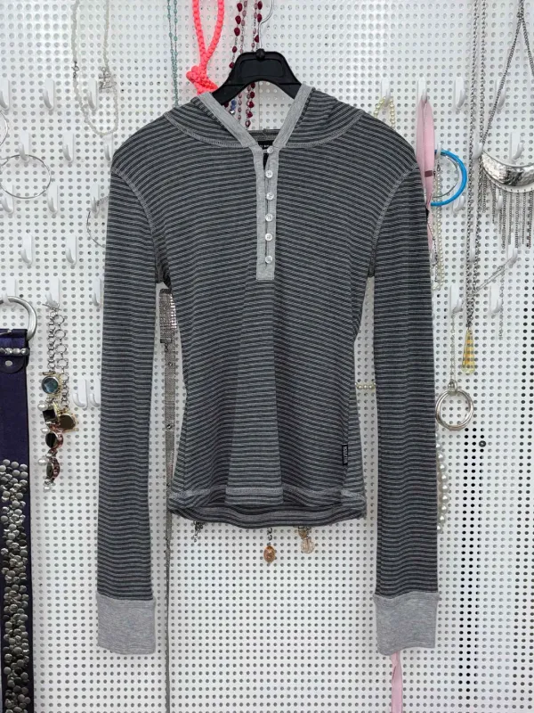 Striped Button Down Hoodie Charcoal