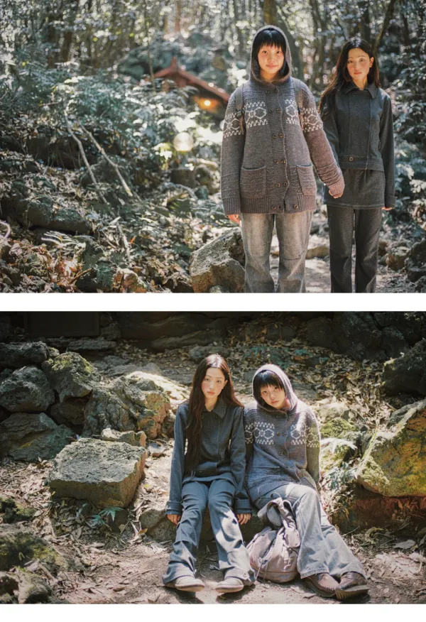 Double button hood cardigan (Charcoal)
