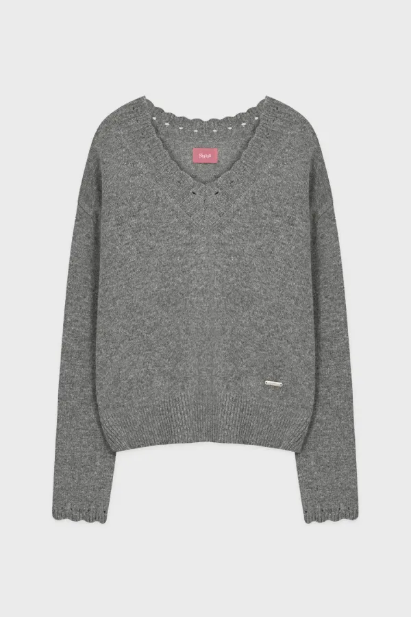 Scallop V-Neck Pullover Knit (Melange Grey)