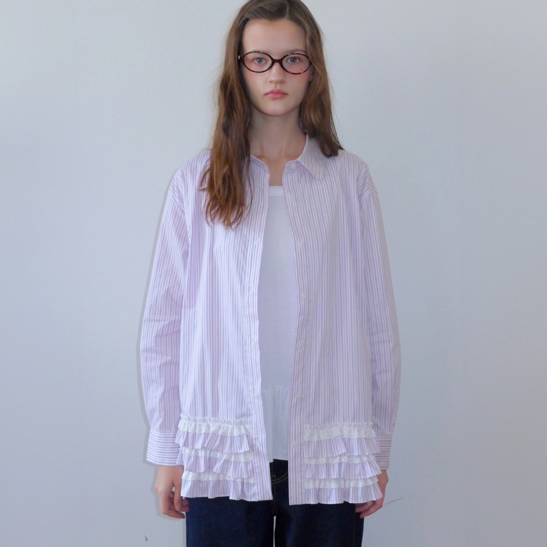 론론 LAYERED RUFFLE LACE LONG SHIRT PINK STRIPE 상품 이미지 1