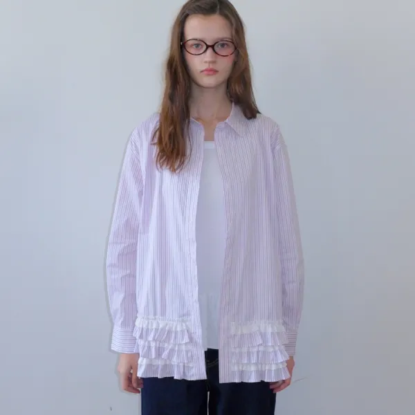 LAYERED RUFFLE LACE LONG SHIRT PINK STRIPE