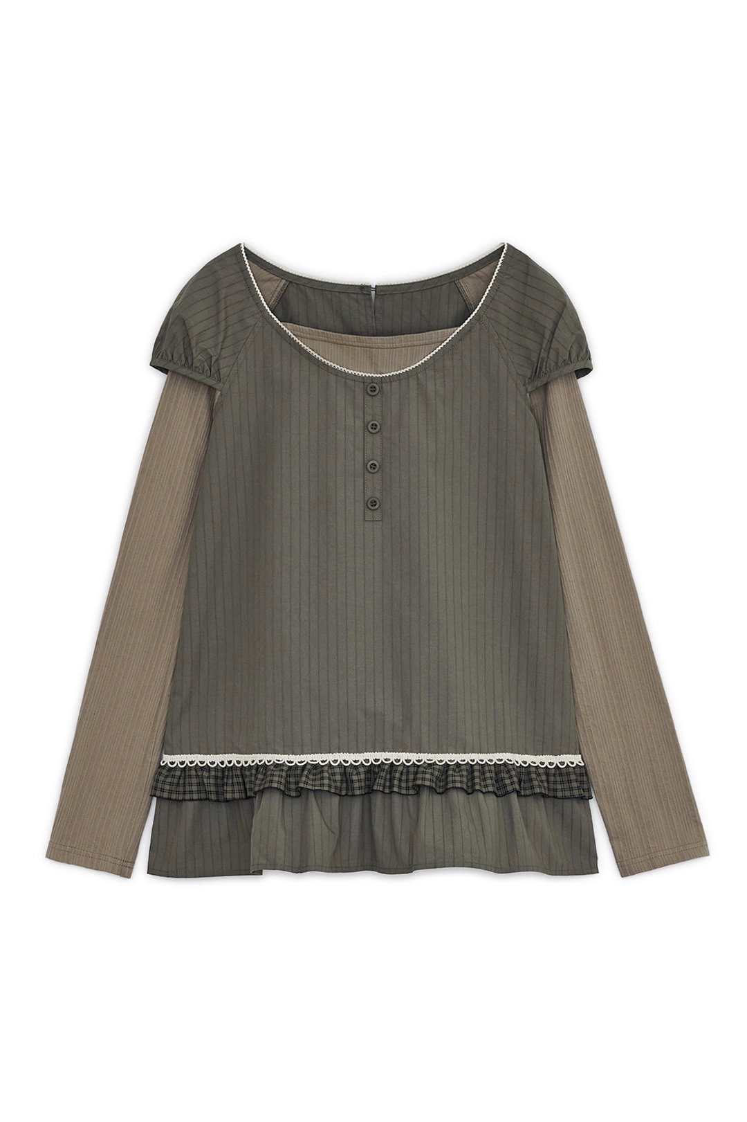 허그유어스킨 Frill check layered top (Khaki) 상품 이미지 1