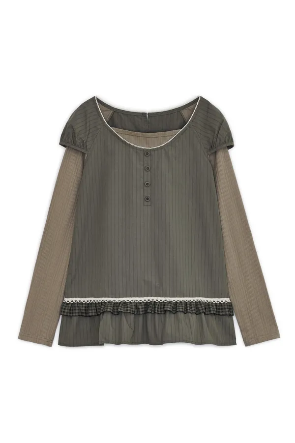 Frill check layered top (Khaki)