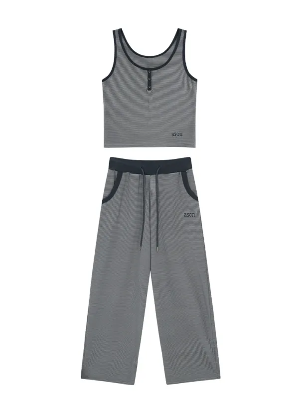 [SET] RIN STRIPE SLEEVELESS & PANTS / BLUE GRAY