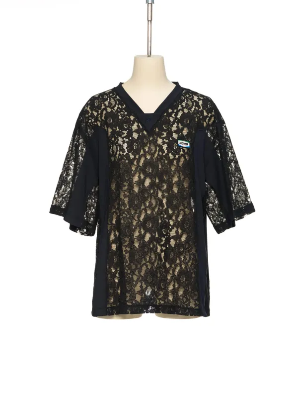 PS26 NAVY LACE COMBI OVERSIZED JERSEY TOP
