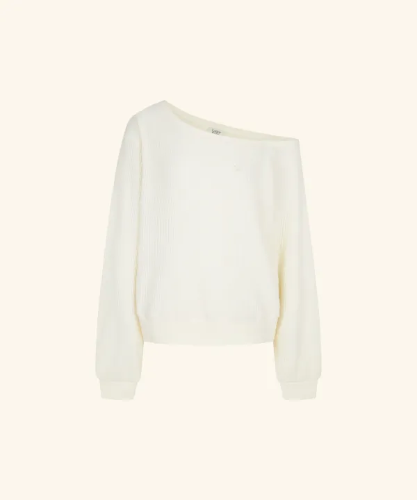 More Waffle Off-Shoulder Sweatshirt (Cream)