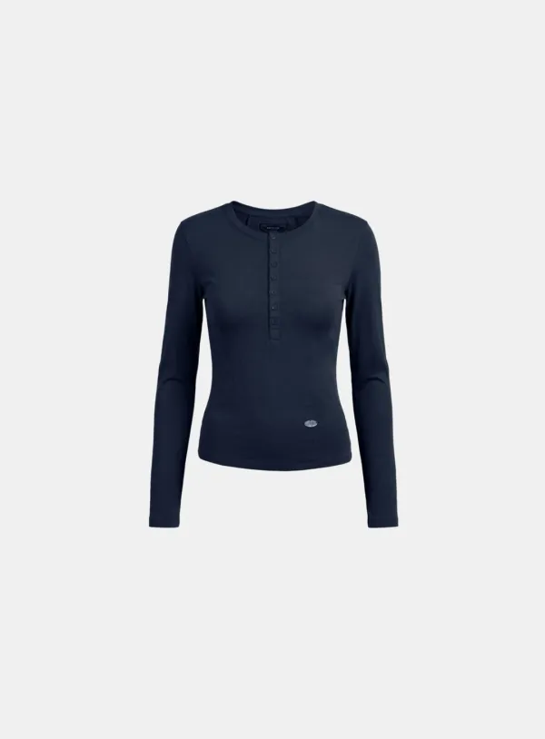 [w-tee26-058] Sleek Cotton Henley Neck Long Sleeve T-Shirt - Navy