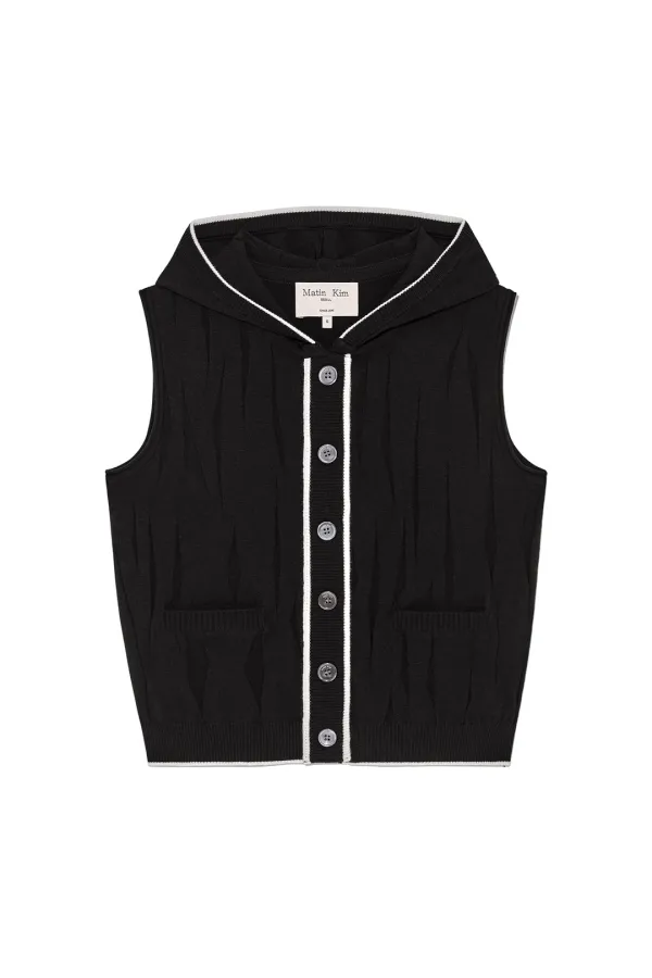 WRINKLE HOODY BUTTON KNIT VEST IN BLACK