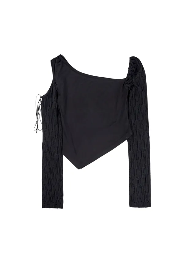Cut Out Wave Sleeve Top [Black]