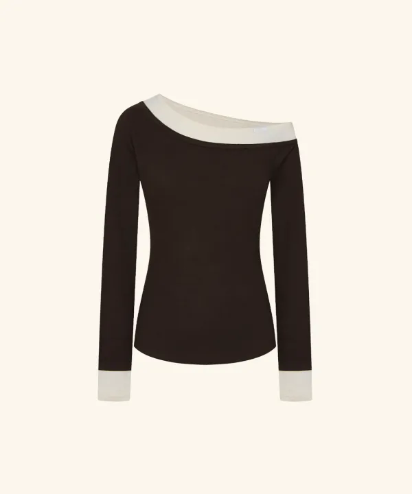 Letters Layered One-Shoulder T-Shirt (Brown)