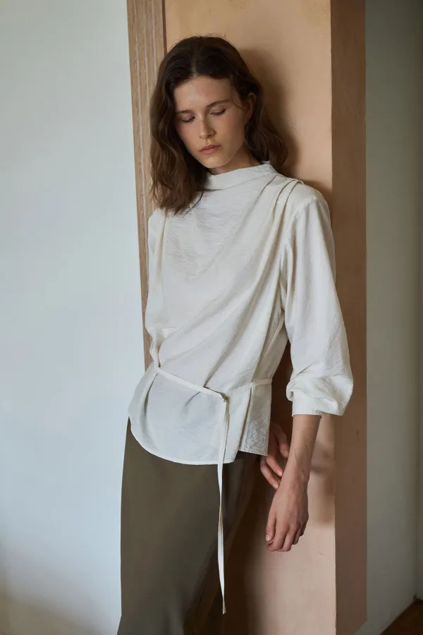 High Neck Drape Blouse [LMBFAUSH333]-Ivory