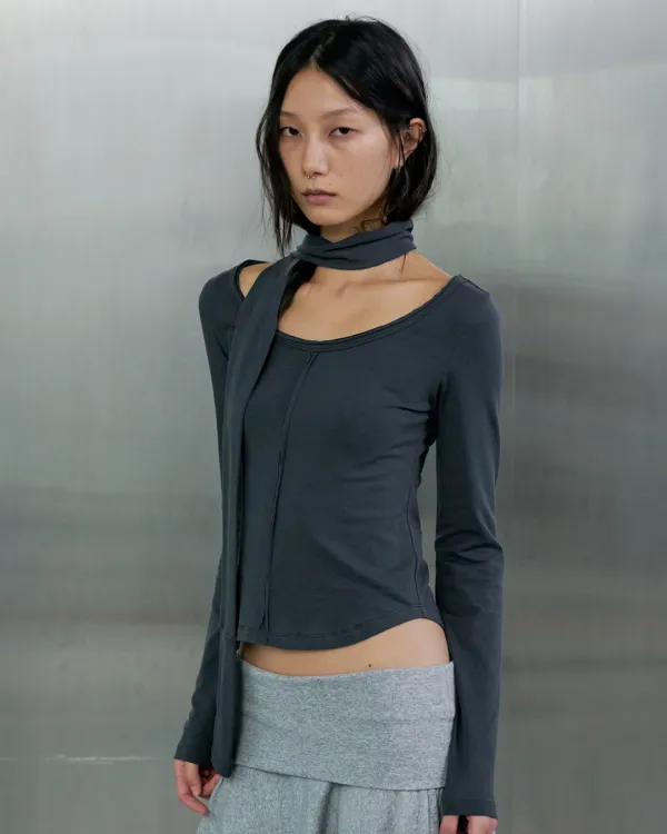 RAW CUT LONG SLEEVE WITH SCARF - CHARCOAL