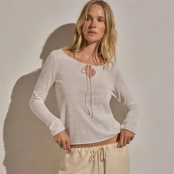 Linen Cotton Keyhole Sweater - Off White