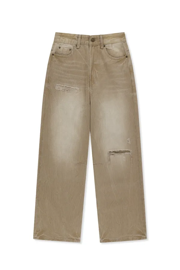 BACK LOGO WASHED DENIM PANTS IN BEIGE