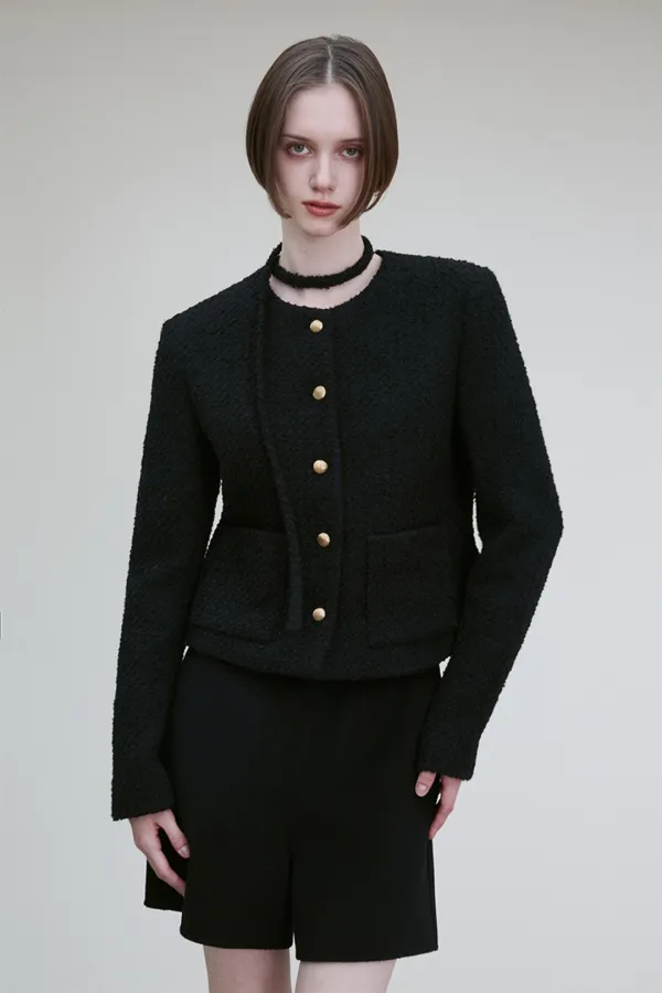 WOOL BLEND STRING SCARF TWEED JACKET