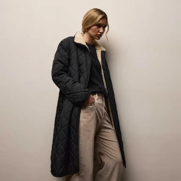 Quilted Nylon Lined Long Coat - Black/Ivory
