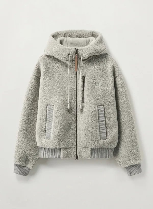 (W) Shearling Fleece Hood Zip-up - Khaki