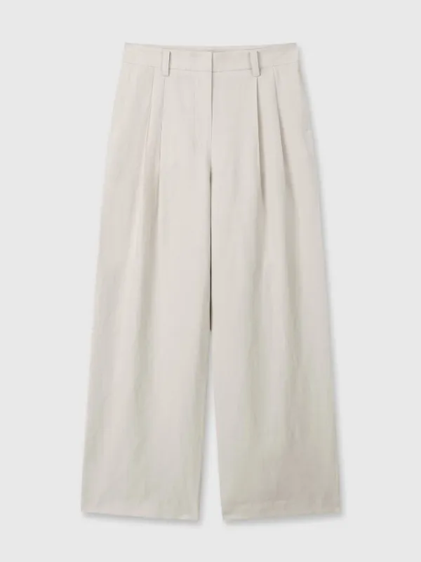 LINEN TWO PLEATS WIDE PANTS_ IVORY