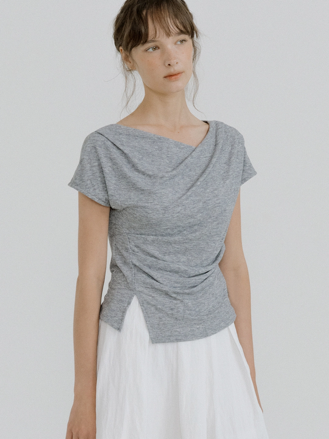 아워코모스 drape oblique slit T-shirt (melange gray) orc 6074 상품 이미지 1