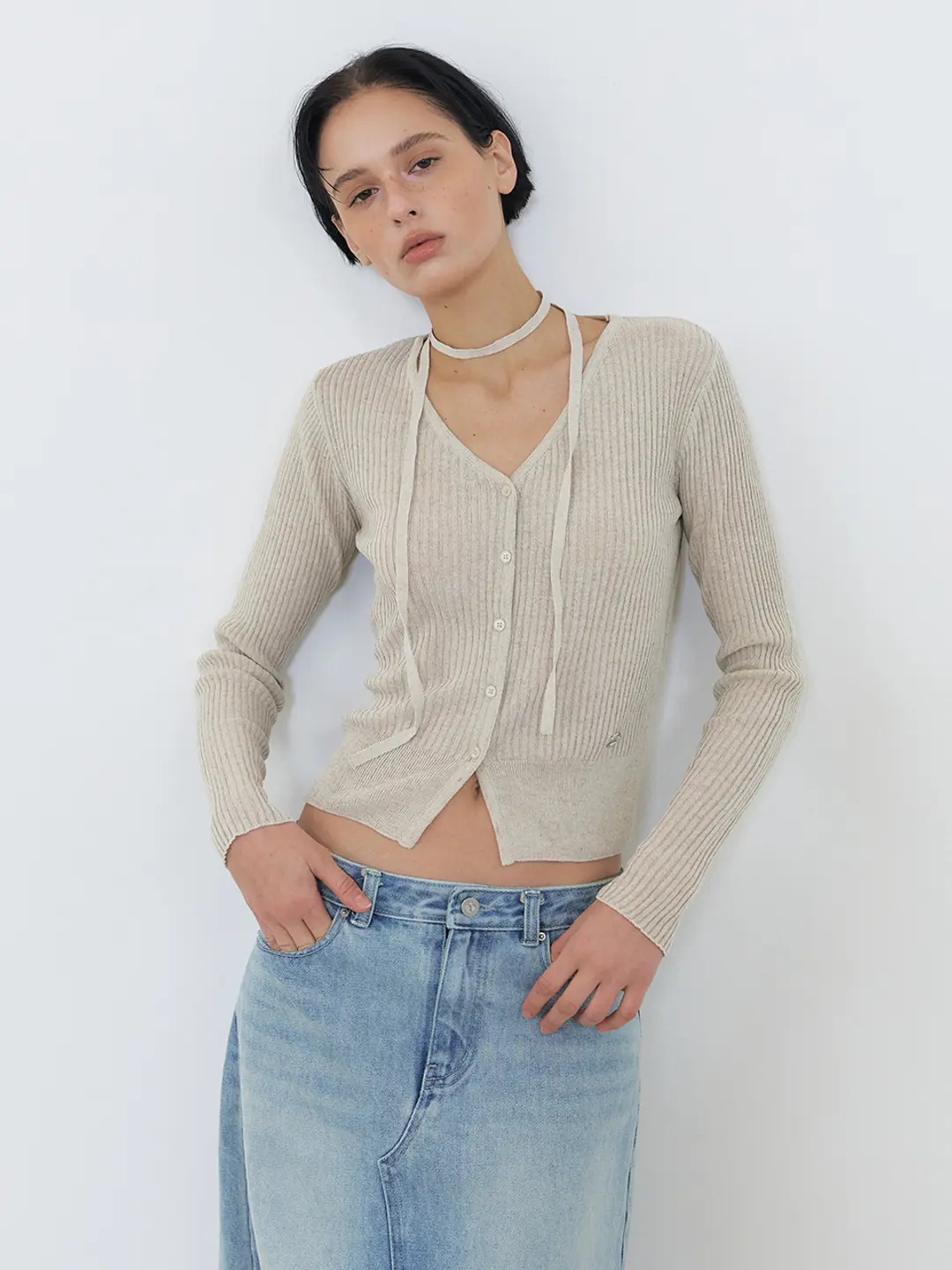에트몽 Linen Scarf Knit Cardigan, Oatmeal 상품 이미지 1