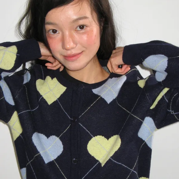 HEART ARGYLE BASIC KNIT CARDIGAN NAVY