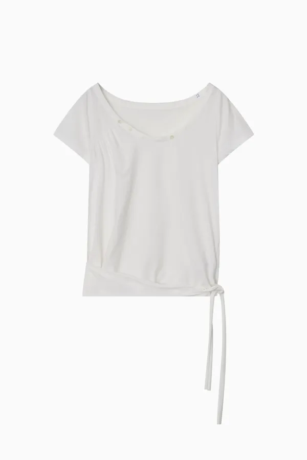 ONE-SHOULDER WRAP T-SHIRT, IVORY