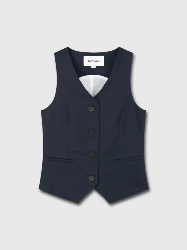 LINEN TAILORED VEST_ NAVY
