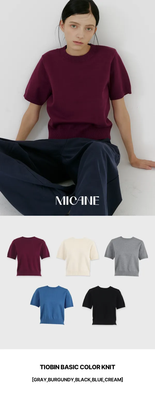 [44-120]  Tiobin Basic Color Knit  티오빈 베이직 컬러 니트 (가을-봄-출근룩-오피스룩-격식룩-하객룩-데일리룩-데이트룩-시즌리스-반팔니트-반소매-하프슬리브-베이직-기본템-자체제작)