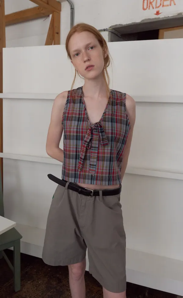 349. Ribbon Solid Sleeveless _ Grey Check