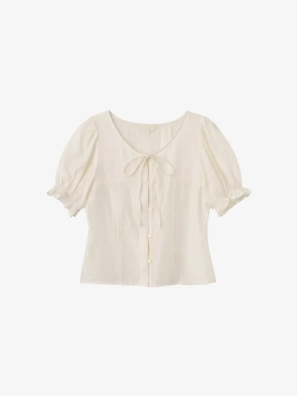 ELORA round neck puff blouse_ivory