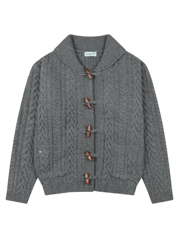 Toggle Button Wool Cable Knit Cardi In Charcoal