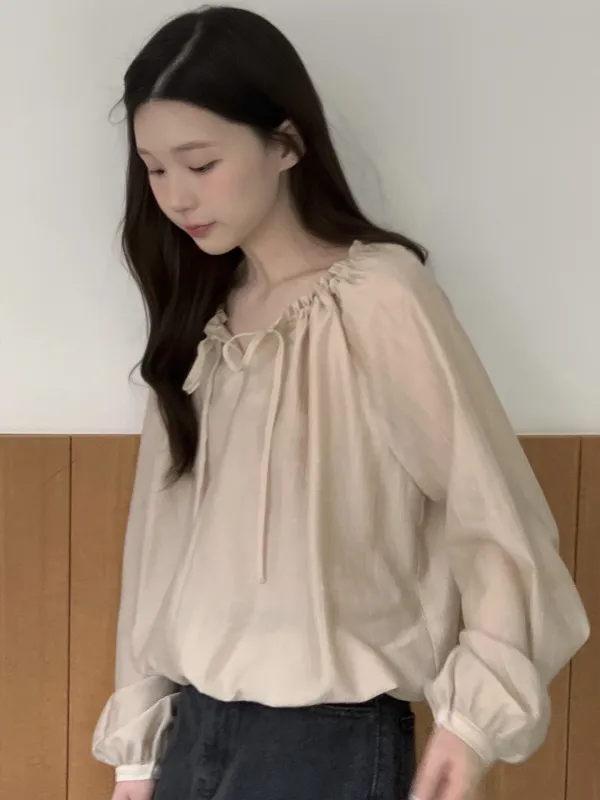 SHIRRING SHEER BLOUSE - BEIGE