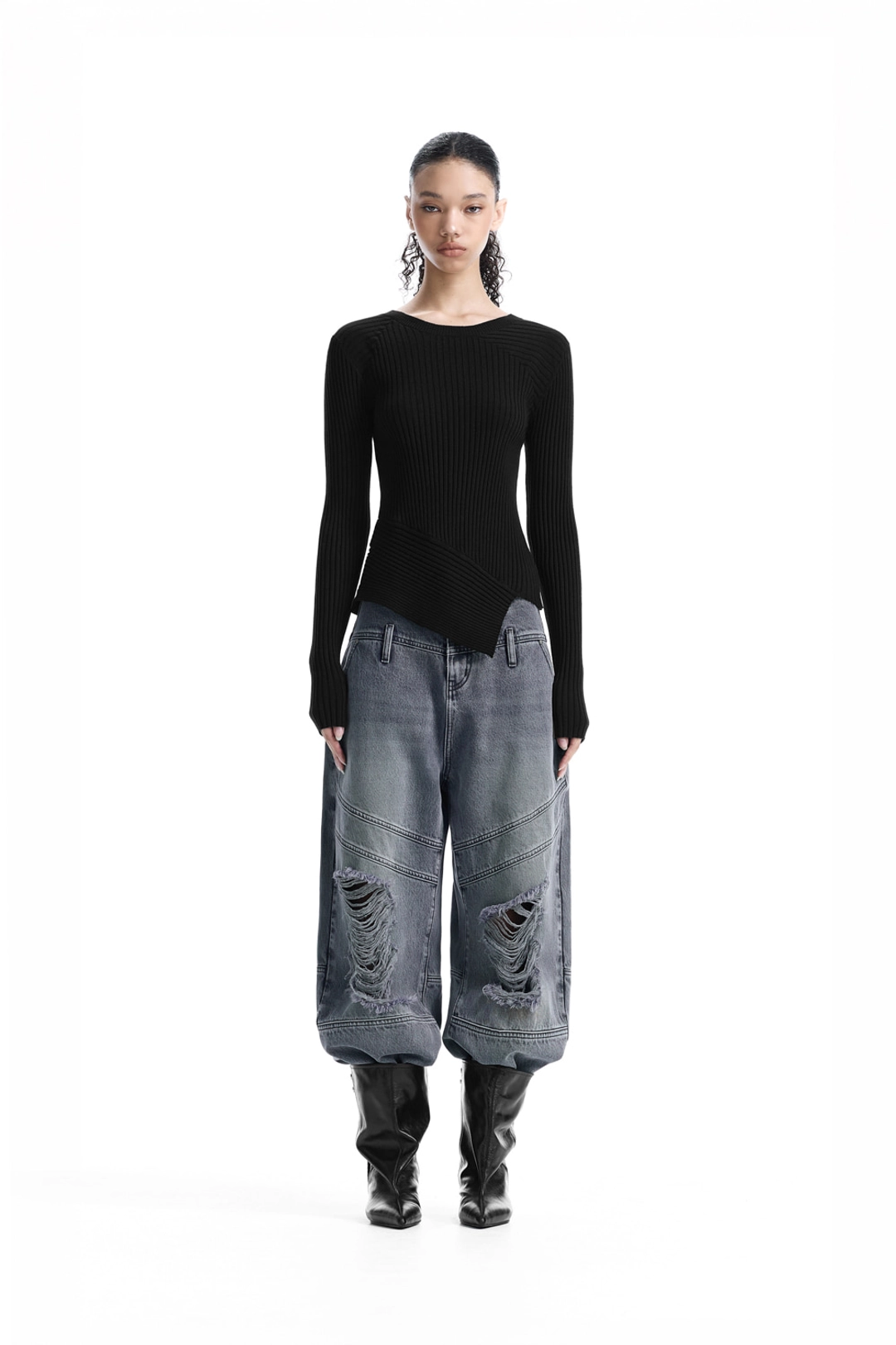 트리밍버드 Asymmetric Ribbed Knit Top [ Black ] 상품 이미지 2