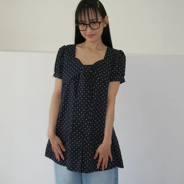 RIBBON BOW HALF SLEEVE DRESS NAVY DOT