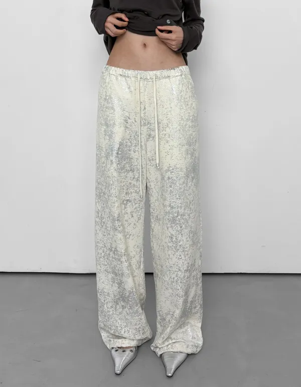 SILVER FOILED EFFORTLESS PANTS, WHITE