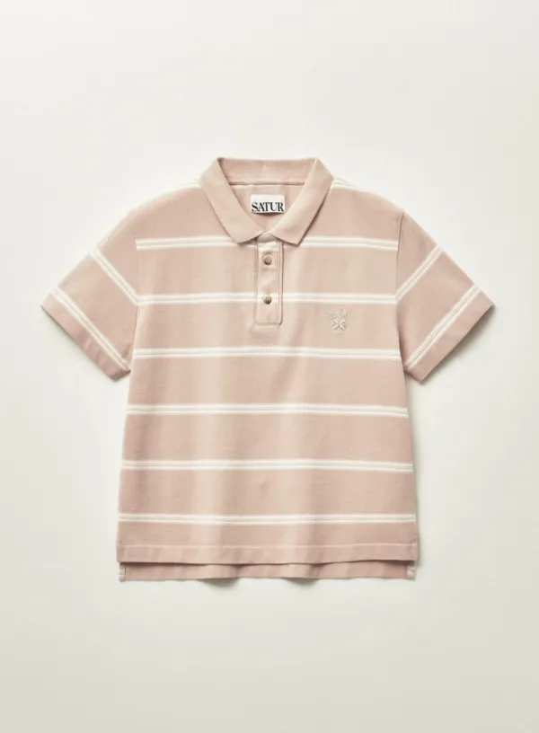 (W) Stripe Pique Polo T-Shirt - Light Pink
