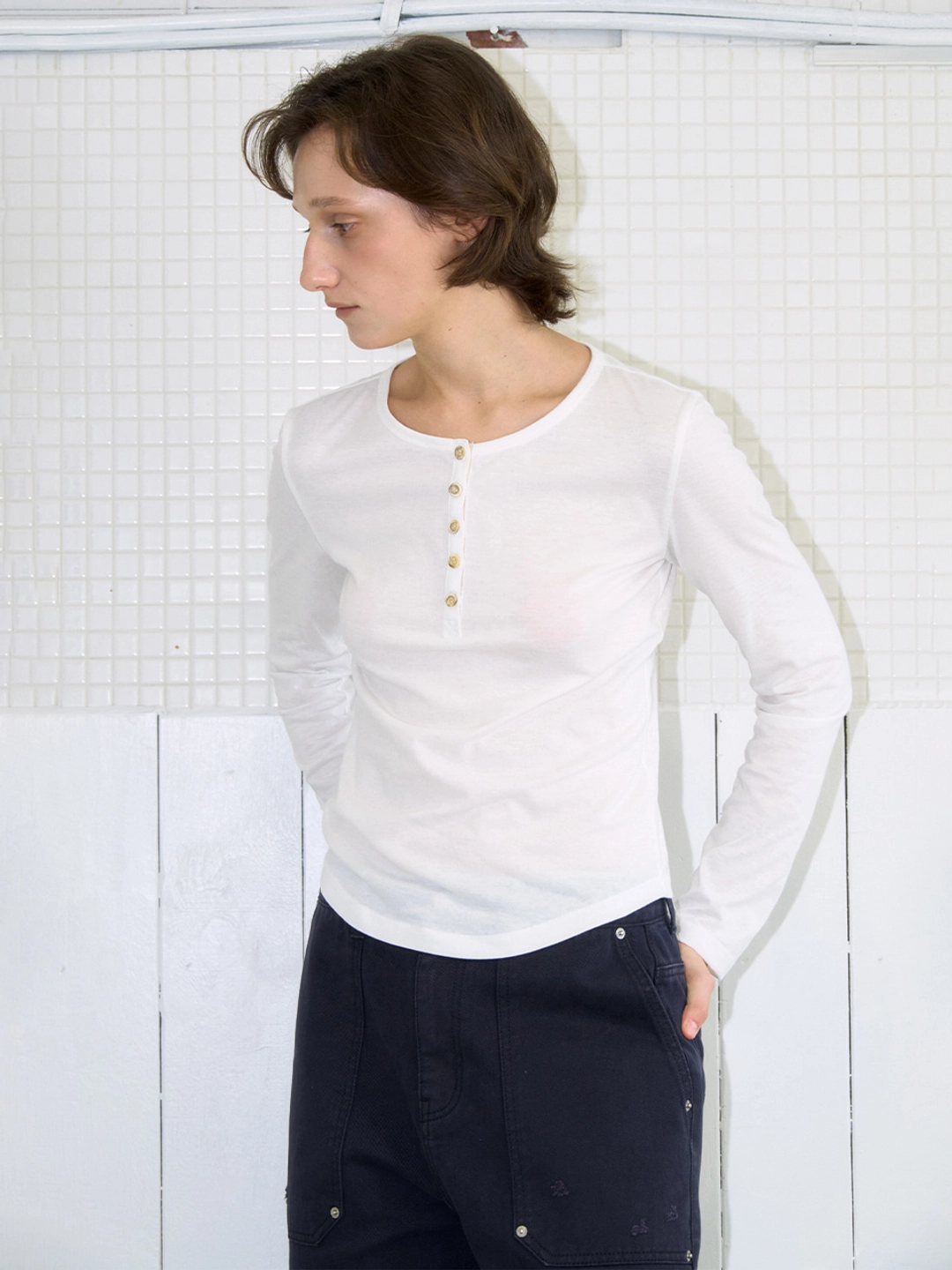 밀로 우먼 Tape Henley Neck T-Shirt [Ivory] 상품 이미지 1
